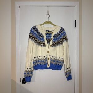 Lands' End Blue‎ and Cream Women's button up sweater
